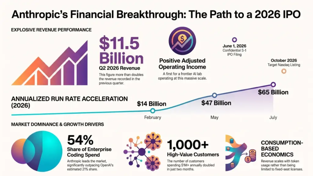 Claude Code and enterprise AI dashboard showing Anthropic’s rapid revenue and coding business growth.
