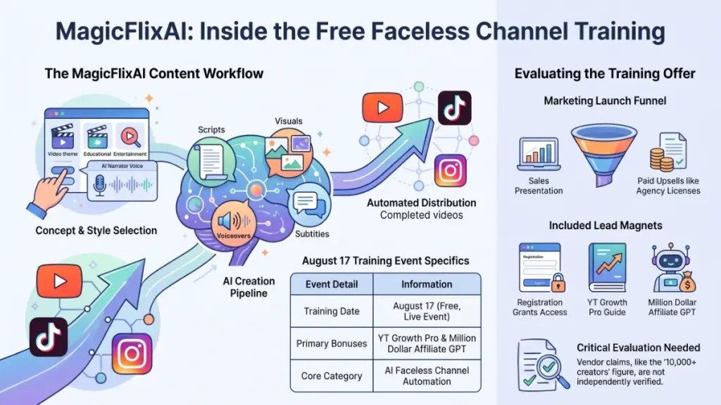 AI faceless channel automation workflow showing script generation, voiceover, visuals, editing, analytics, and YouTube and TikTok publishing.