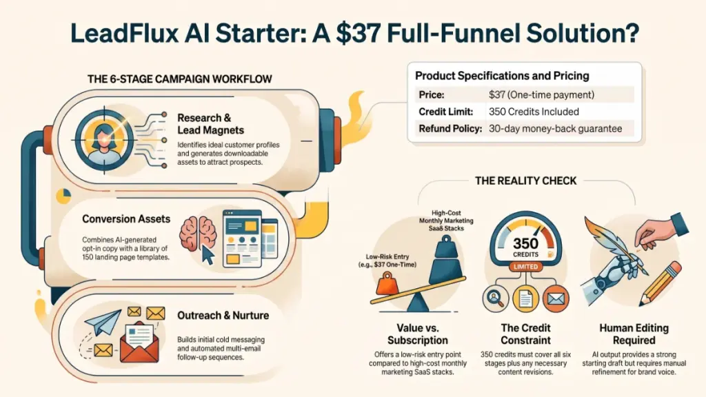 LeadFlux AI Starter lead-generation workflow connecting customer research, lead magnets, landing pages, cold outreach, and email sequences.