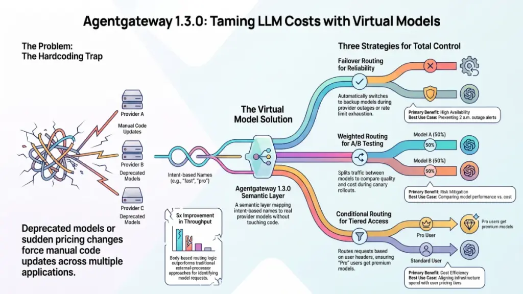 AI gateway interface showing weighted, failover, and conditional LLM routing.