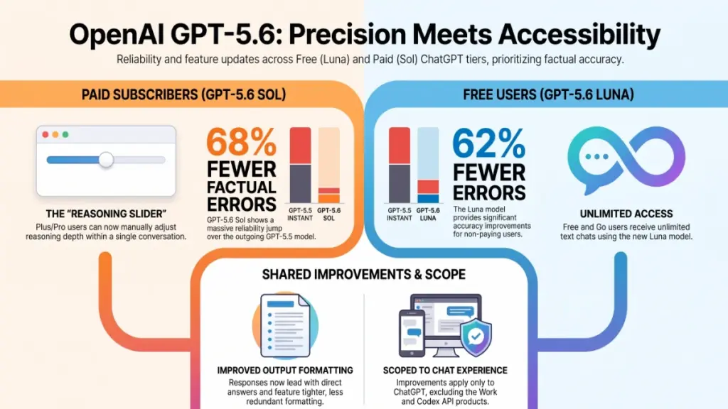 ChatGPT GPT-5.6 Luna interface highlighting unlimited free text chats and AI cloud infrastructure.