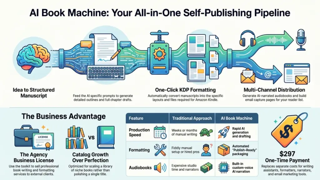 AI Book Machine workflow transforming a book idea into a formatted ebook, audiobook, and reader email list.