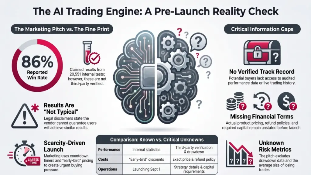 AI trading software dashboard highlighting performance claims, risk data, pricing, methodology, and undisclosed pre-launch information.