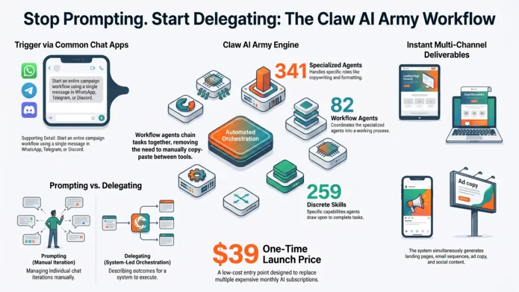 Claw AI Army dashboard showing one message generating landing pages, emails, ads, and social content