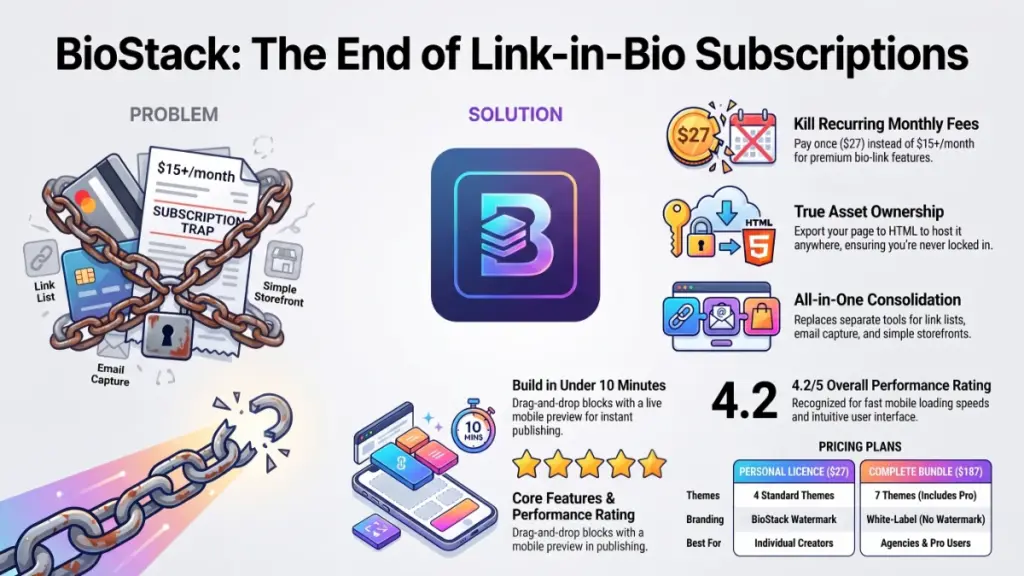 Responsive BioStack bio page displayed on desktop and mobile with HTML export and social links.