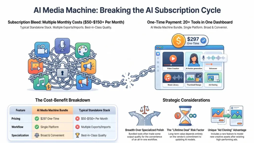 AI Media Machine concept showing 20+ AI content tools combined into one $297 lifetime-access platform