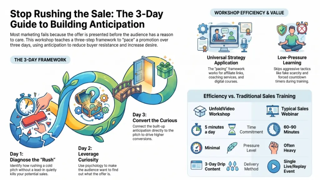 Digital marketing funnel showing how warming up an audience with curiosity can lead to a stronger sales pitch.