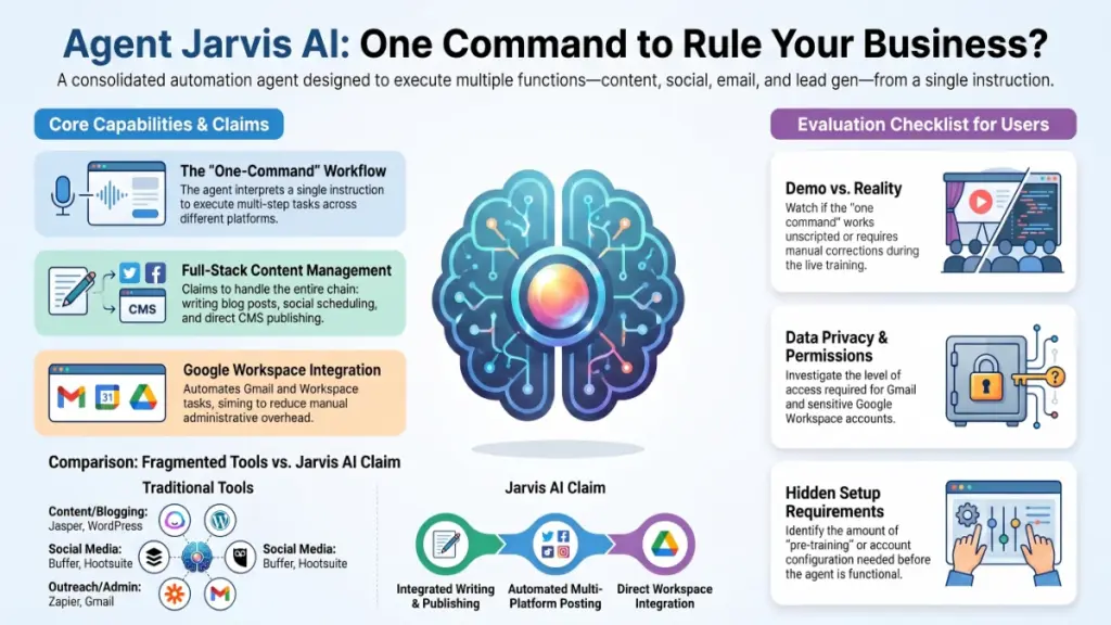 Agent Jarvis AI workflow interface connecting content creation, Gmail, social posting, blog publishing, and lead generation.