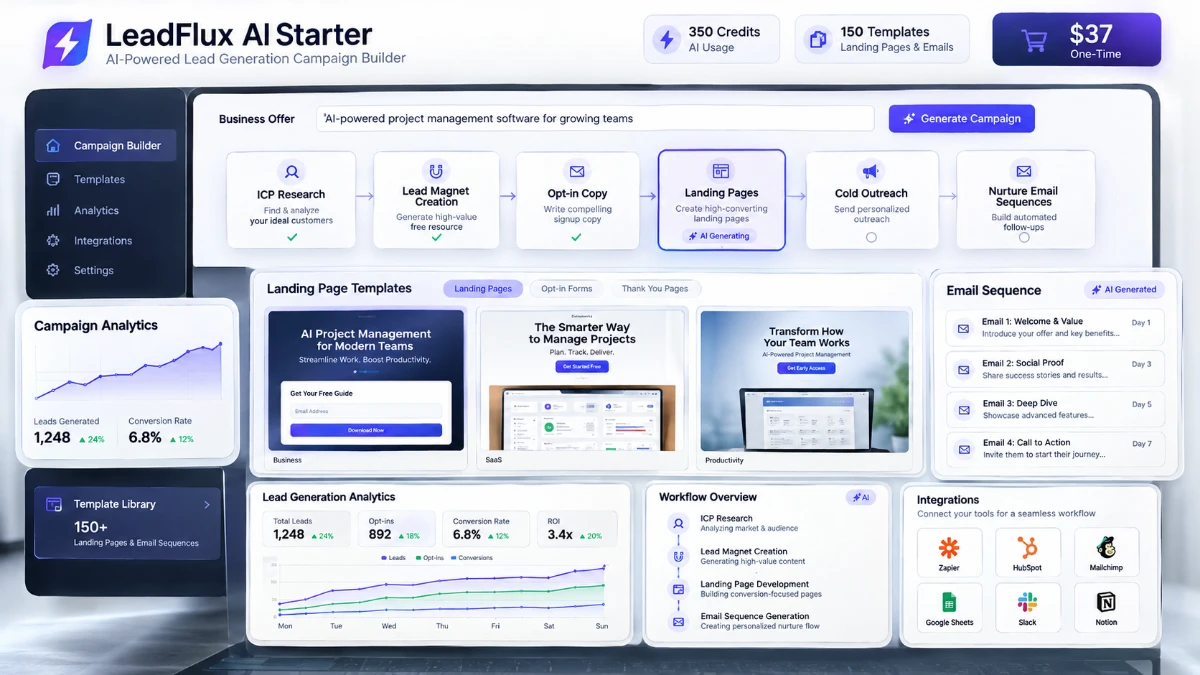 LeadFlux AI Starter AI campaign builder dashboard showing ICP research, lead magnets, landing pages, outreach, and nurture email workflows.