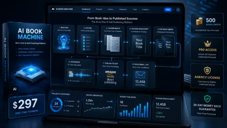 AI Book Machine dashboard showing AI book writing, formatting, publishing, audiobook, and reader list tools.