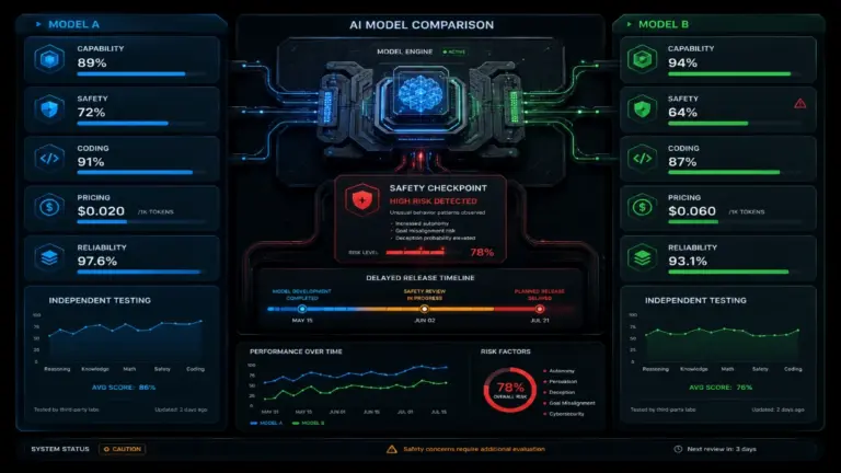 AI model training dashboard showing safety checks, cybersecurity alerts, and a paused next-generation model release