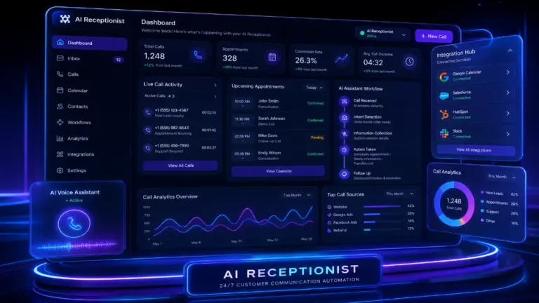 AI receptionist software dashboard with automated call handling and appointment booking.
