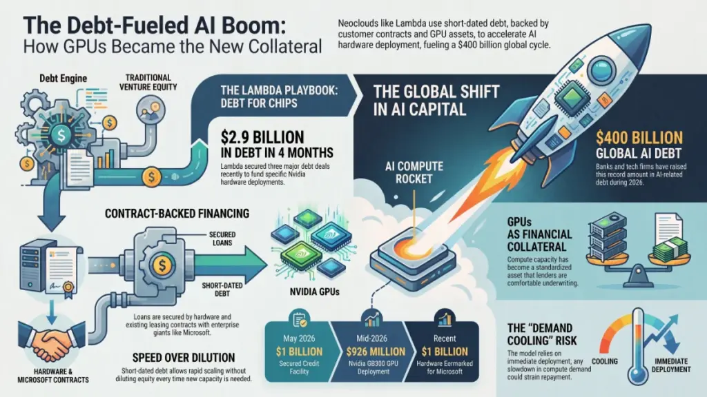 Futuristic AI data center showing GPU capacity, $2.9 billion debt financing, and contract-backed infrastructure funding.