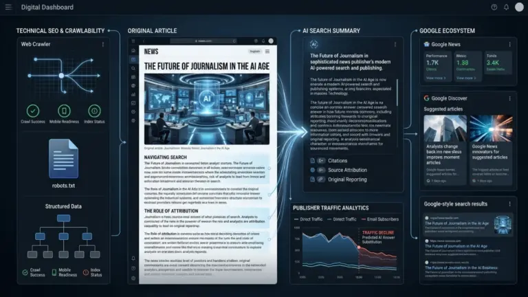 AI-generated search summaries affecting publisher traffic, with SEO, crawling, citations, and Google Discover workflows visualized in a digital newsroom dashboard.