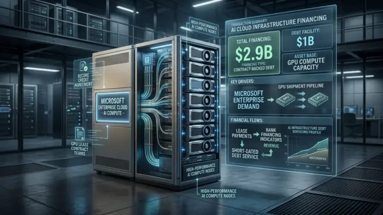 AI cloud infrastructure with Nvidia-style GPUs and a $1 billion debt financing dashboard linked to Microsoft capacity.