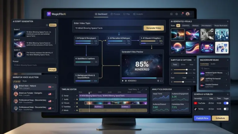 MagicFlixAI AI video generator dashboard showing automated faceless video creation, editing, analytics, and social publishing tools.