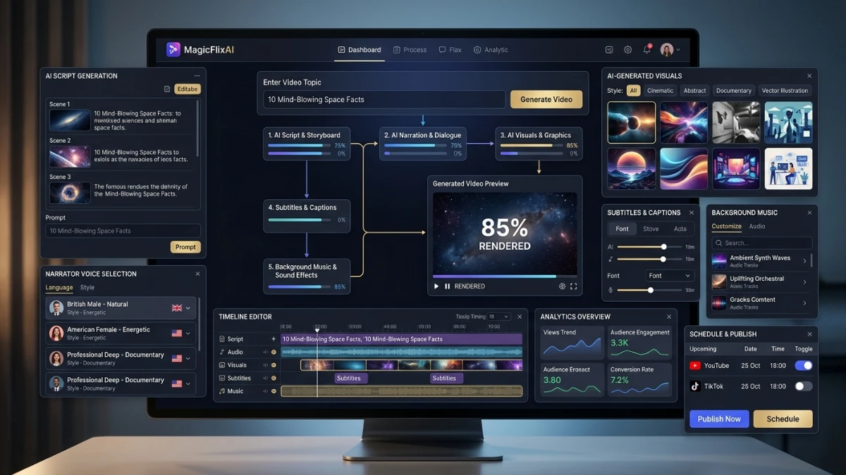 MagicFlixAI AI video generator dashboard showing automated faceless video creation, editing, analytics, and social publishing tools.