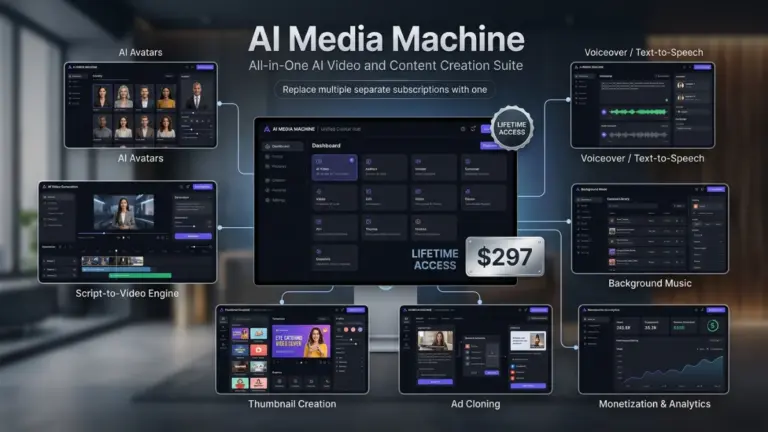AI Media Machine dashboard showing video creation, avatars, voiceovers, music, thumbnails, and ad cloning tools