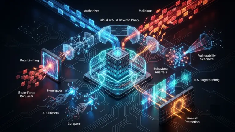 Website protected from bots, scrapers, and automated cyber threats using layered security defenses