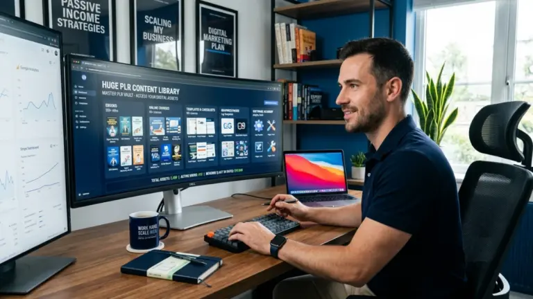 Man browsing BigProductStore PLR membership dashboard on a desktop computer.