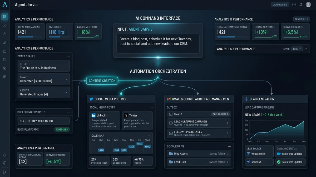 Agent Jarvis AI dashboard showing one-command automation for content, social media, email, blogging, and lead generation.