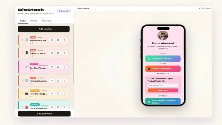 BioStack drag-and-drop link-in-bio builder dashboard with product cards and email opt-in.