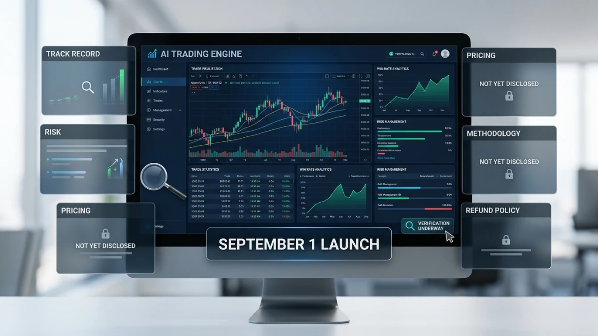 AI Trading Engine dashboard showing 20,551 tested trades, 86% profitable results, trading charts, and September 1 launch information.