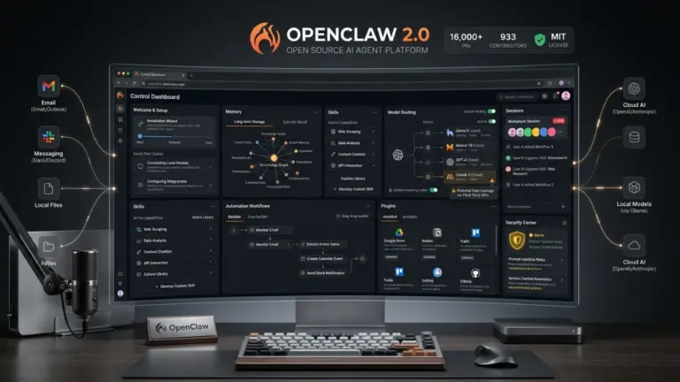 OpenClaw 2.0 AI agent dashboard with installation, memory, skills, automation, and model routing controls