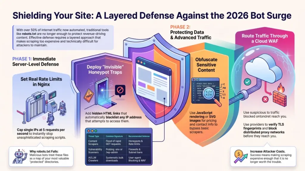 Cloud WAF protecting a website from AI crawlers, scrapers, brute-force attacks, and malicious bot traffic