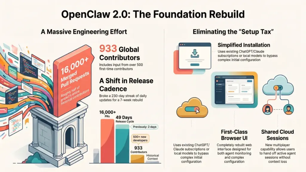 OpenClaw 2.0 open-source AI agent architecture showing shared sessions, plugins, messaging, models, and security