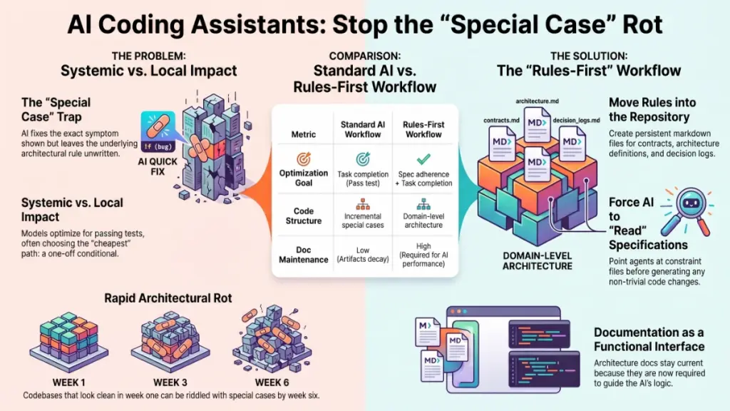 AI coding workflow using repository rules, architecture documentation, and automated tests