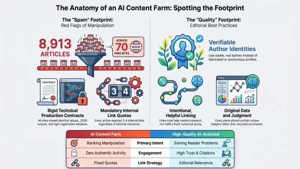 Futuristic AI publishing network contrasting massive content volume with low authentic engagement and trust