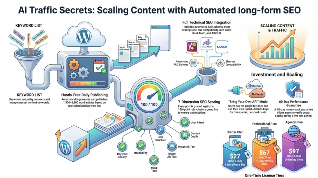 AI blogging automation workflow showing keywords, article generation, SEO scoring, images, and WordPress publishing