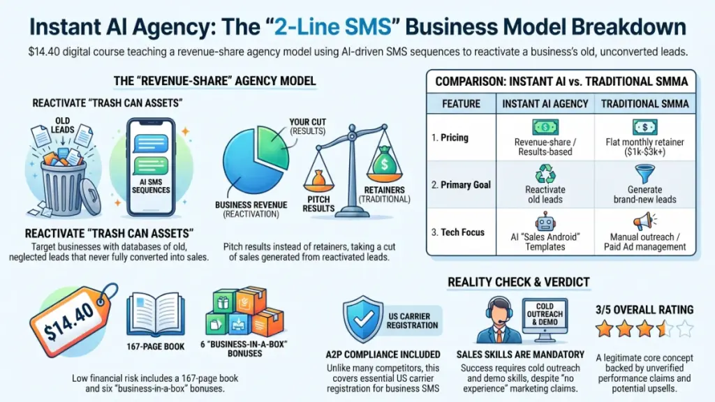 Instant AI Agency business model showing AI SMS lead reactivation, revenue sharing, bonuses, and compliance