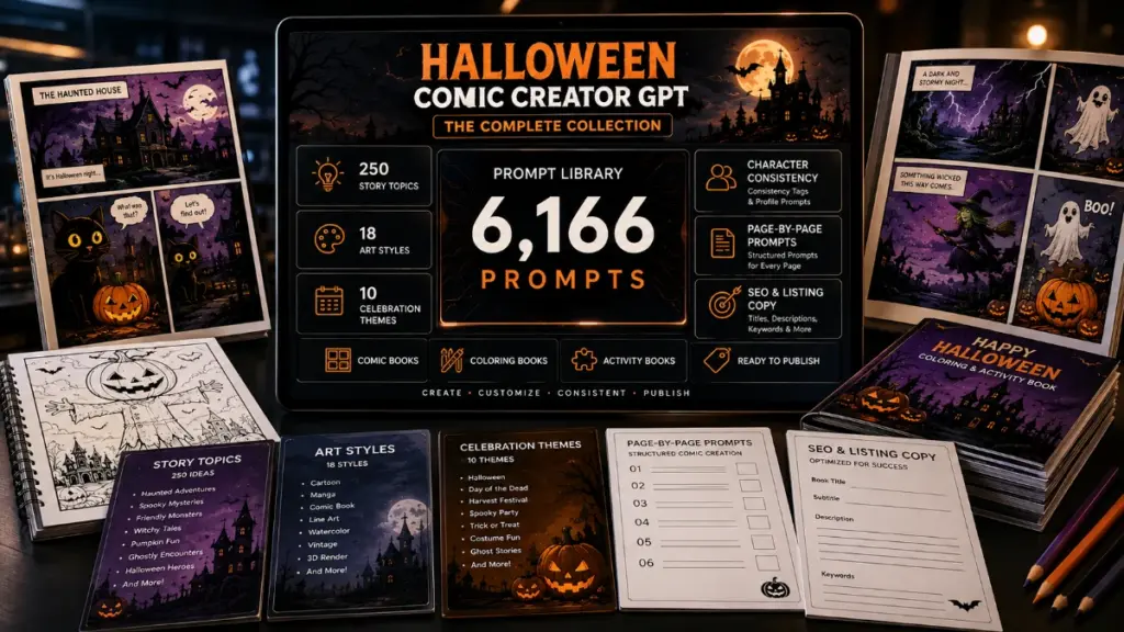 AI comic creation toolkit showing page-by-page prompts, Halloween comic layouts, coloring pages, and SEO listing tools