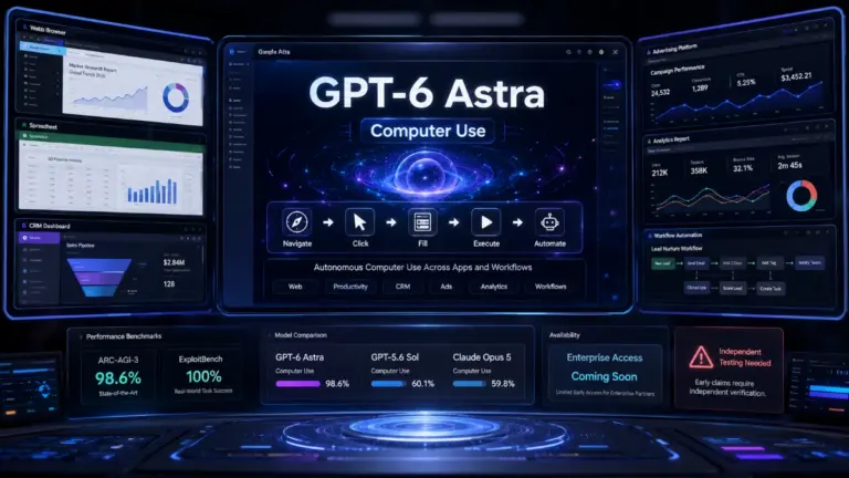 GPT-6 Astra computer-use AI interface navigating browsers, spreadsheets, CRM dashboards, and marketing software