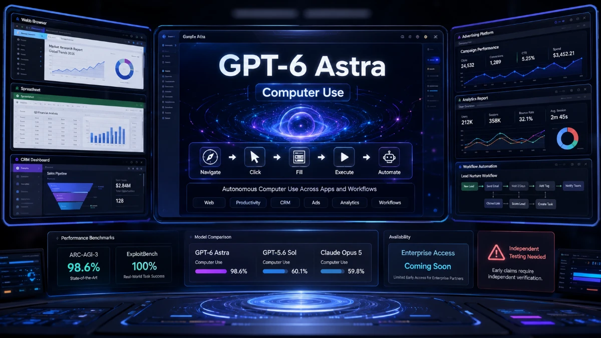 GPT-6 Astra computer-use AI interface navigating browsers, spreadsheets, CRM dashboards, and marketing software