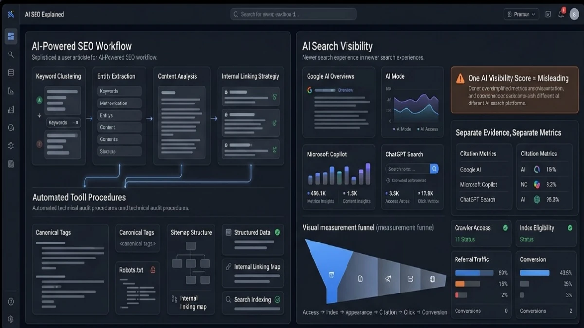 AI SEO dashboard comparing AI-powered SEO workflows with AI search visibility metrics
