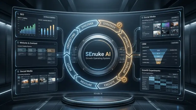 SEnuke AI growth operating system dashboard connecting SEO, AI search, content, social, CRM, funnels, and analytics