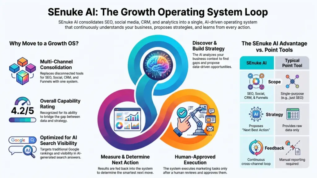 SEnuke AI feedback loop showing strategy, approved execution, measurement, learning, and next best action