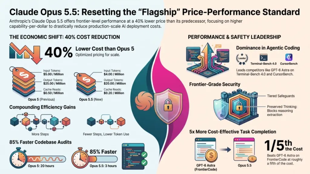 Claude Opus 5.5 enterprise AI platform with agentic coding, computer use, safeguards, and benchmark analytics