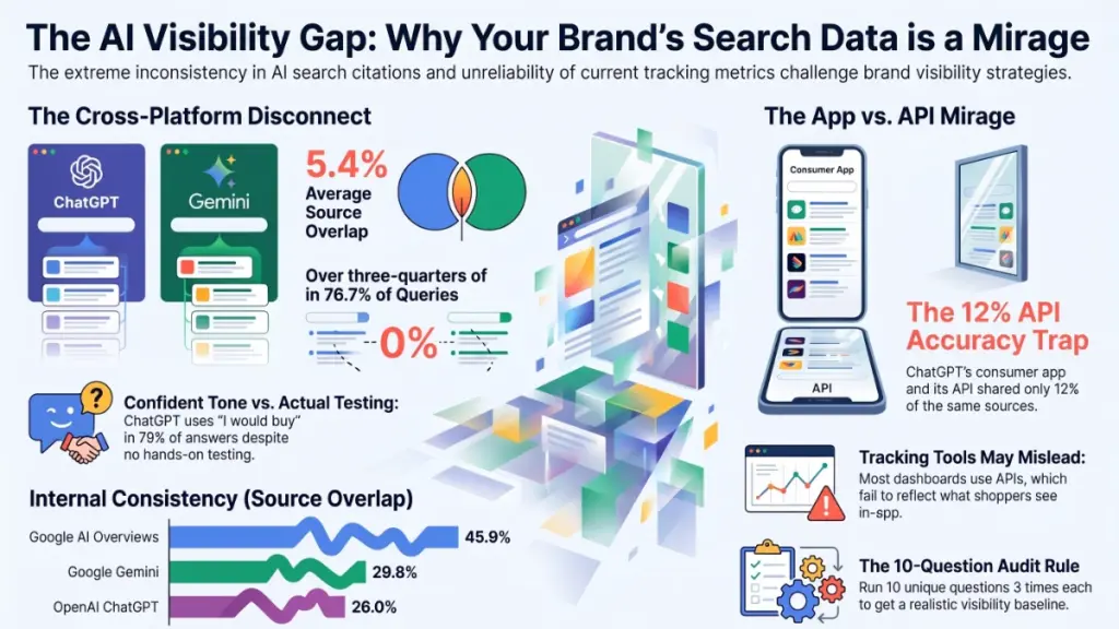 AI shopping visibility dashboard showing inconsistent sources and recommendations