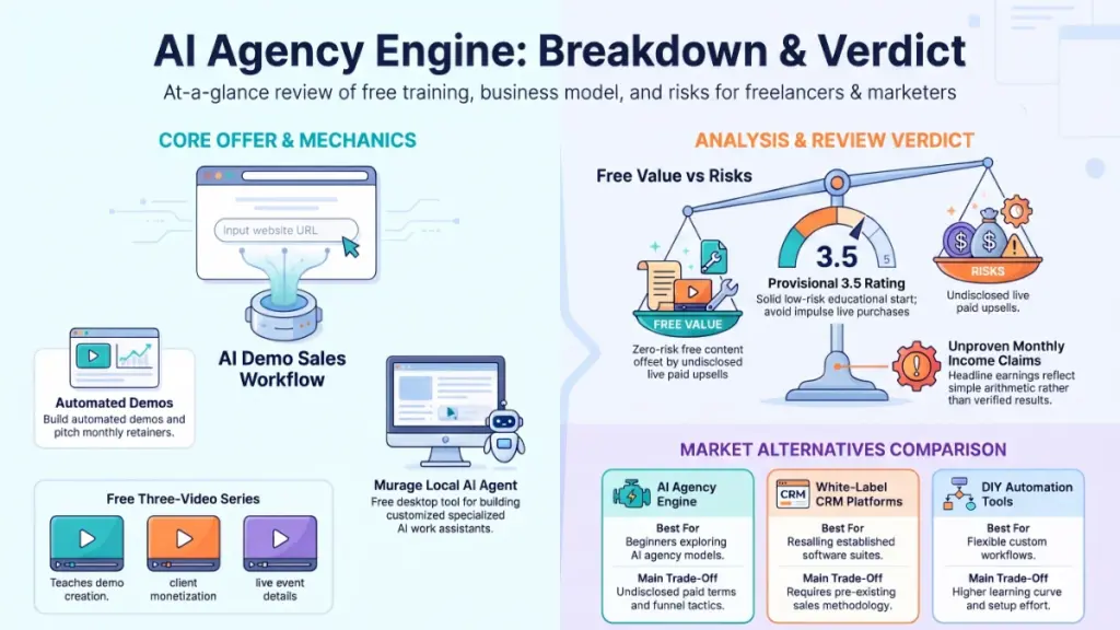 AI Agency Engine training series with AI services dashboard, lead generation workflows, and live training session.