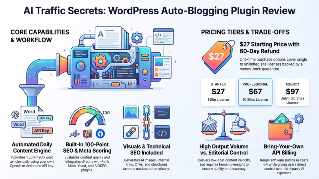 AI Traffic Secrets WordPress plugin dashboard for automated blog writing and SEO scoring
