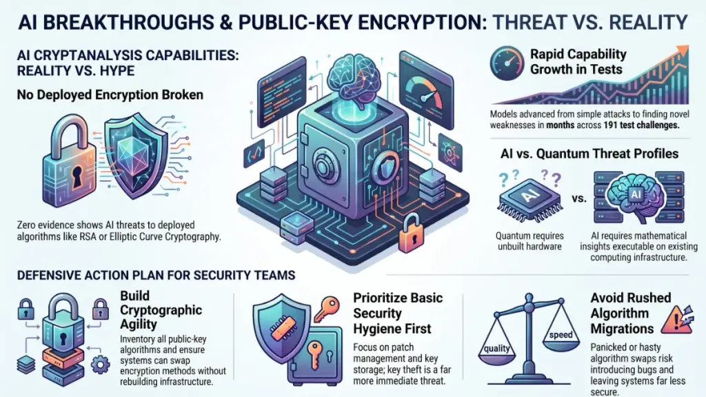 AI cryptanalysis visualization featuring RSA encryption, elliptic curve cryptography, and digital security protection.
