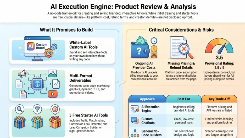 AI Execution Engine review dashboard analyzing pricing, AI costs, features, and white-label tools