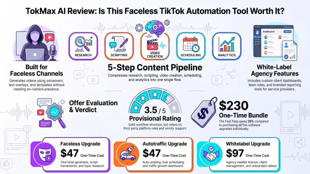 TokMax AI software interface showcasing trend research, automated TikTok content workflows, video templates, and audience growth analytics.