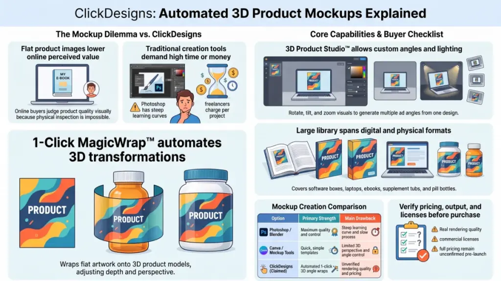 ClickDesigns 3D product mockup software transforming flat artwork into realistic books, software boxes, and product packaging.