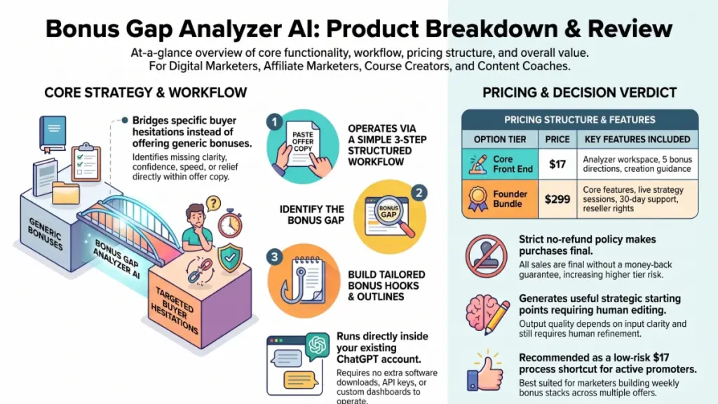 Bonus Gap Analyzer AI workflow for analyzing sales offers, identifying buyer objections, and creating targeted bonuses