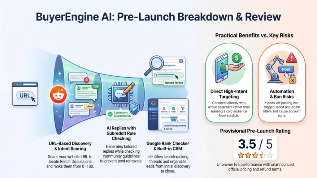 BuyerEngine AI workflow showing Reddit discovery, AI replies, rule checking and lead tracking